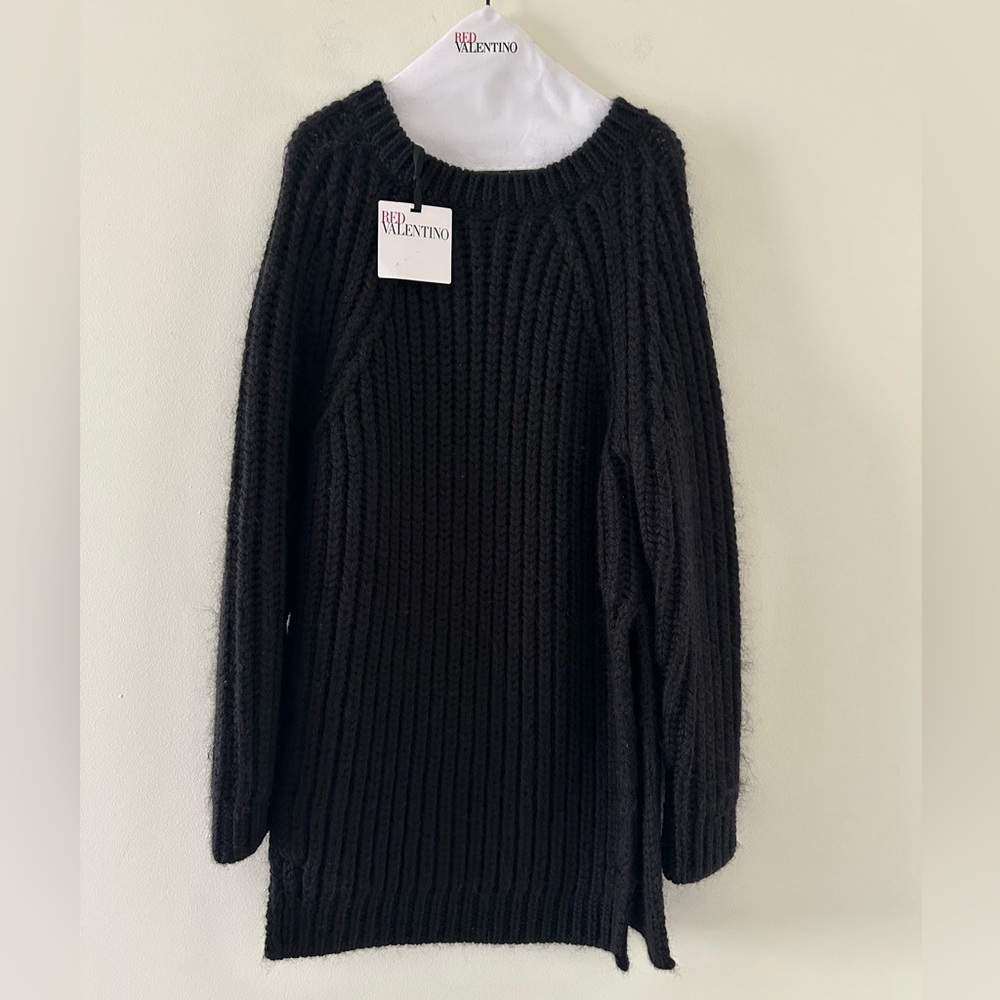RED Valentino Black chunky knit Ribbed Crewneck Sweater dress Sz S oversized NWT